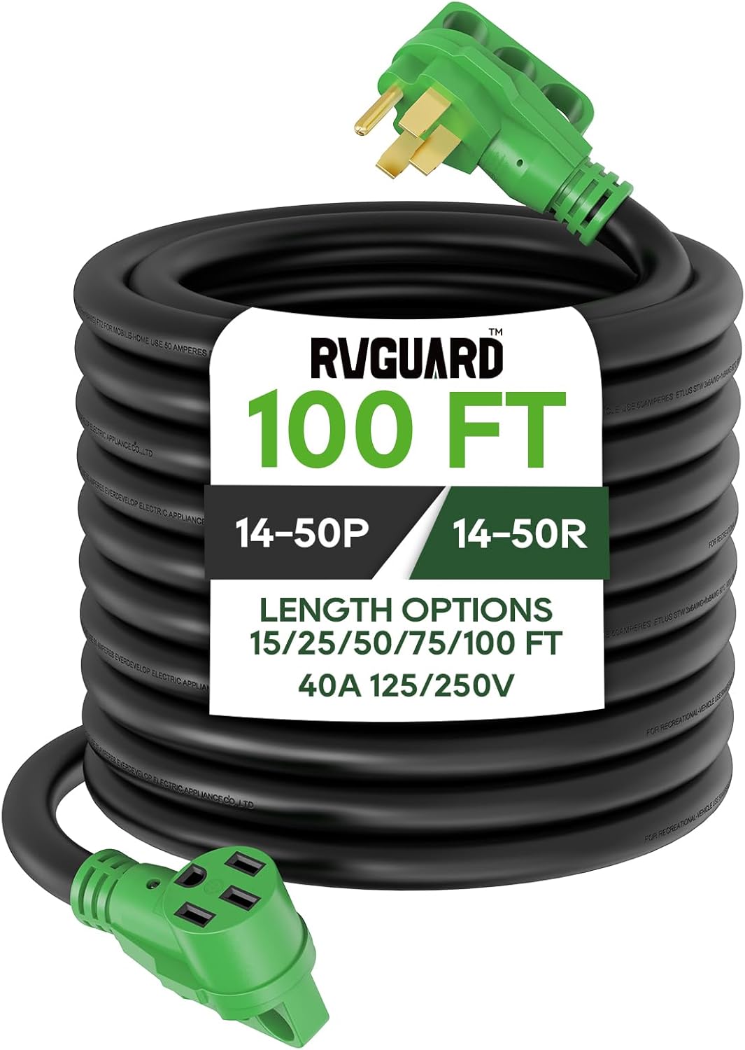 40 Amp 100 Foot RV/EV Extension Cord, NEMA 14-50P/R Heavy Duty Extension Cord with LED Power Indicator and Cord Organizer, Green