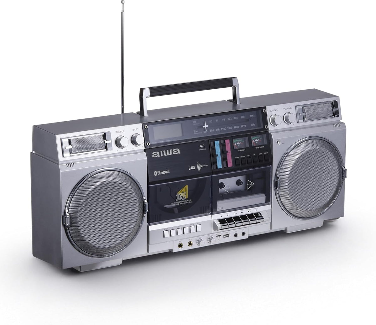 Retro-style portable CD player, featuring tape recording function, Wireless 5.0 technology, FM/AM radio, USB/SD/AUX input interfaces, VU meter, LCD display, dual 40-watt speakers - silver