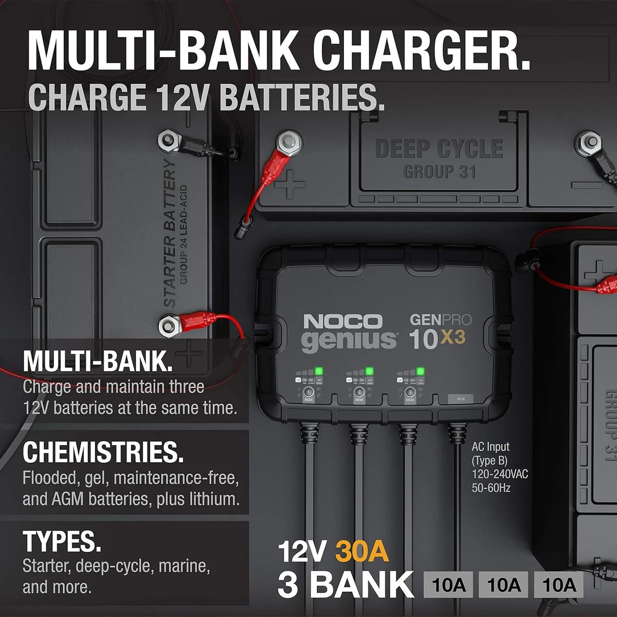Three sets of batteries, 30-ampere built-in battery charger - Each set consists of 10-ampere, 12-volt waterproof marine charger, featuring overcharge protection and temperature compensation functions - Suitable for lead-acid batteries and lithium bat