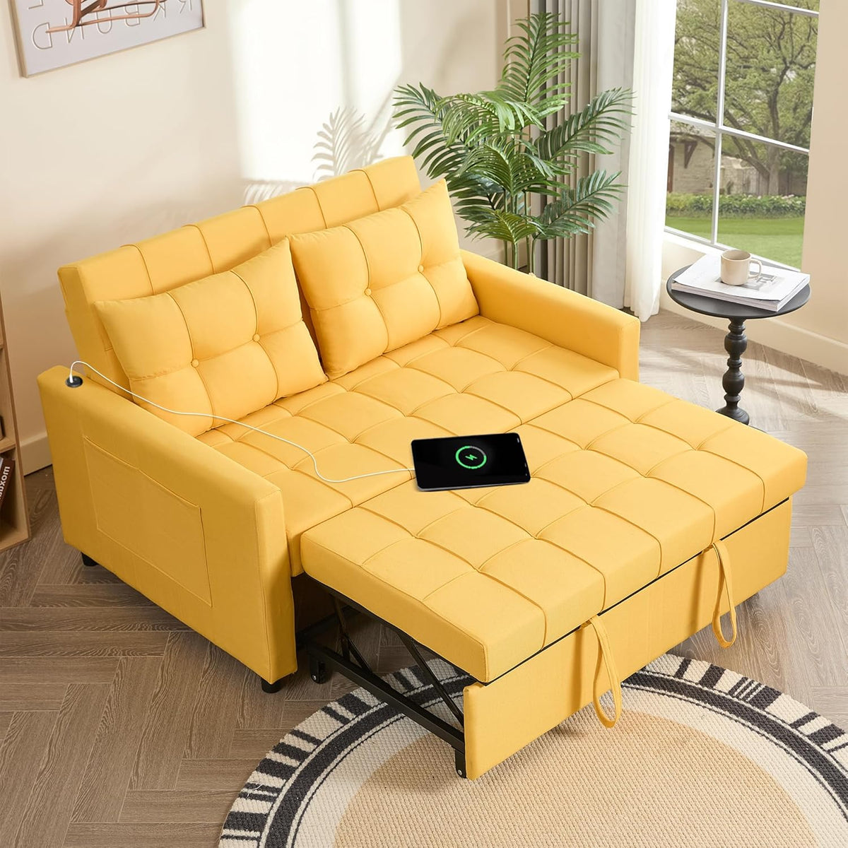 52" Sleeper Sofa with Pull-Out Bed, 3-in-1 Convertible Sofa Bed, Loveseat with Adjustable Backrest and Side Pocket, Room Apartment, Linen, Dark Grey