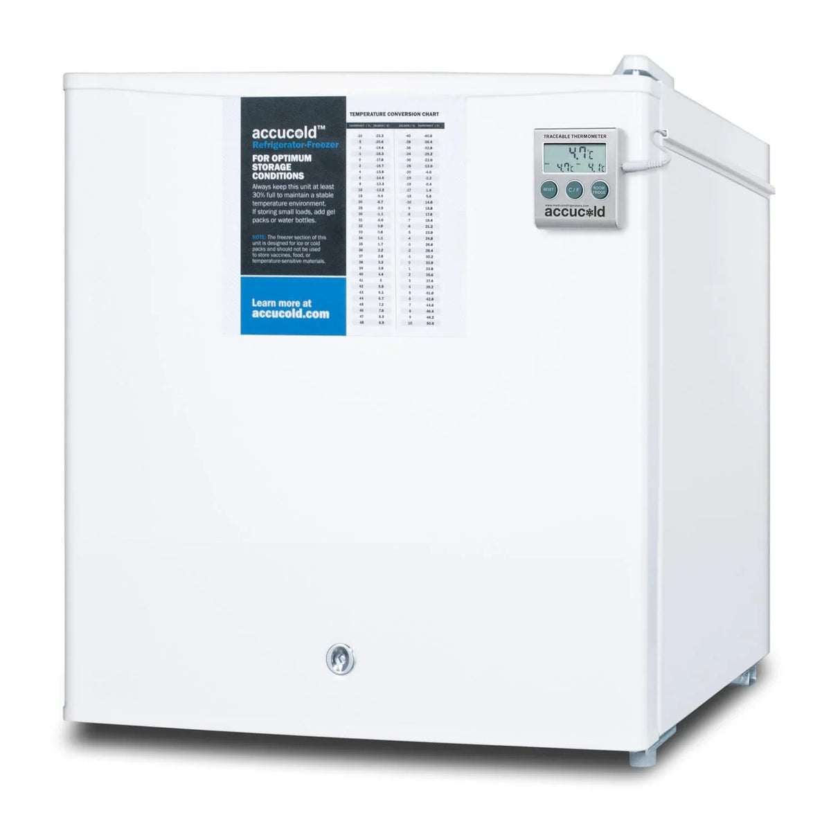 Compact refrigerator freezer, suitable for general use, with a white appearance, equipped with a NIST calibrated thermometer, manual defrosting device, hospital-grade power cord and front locking mechanism.