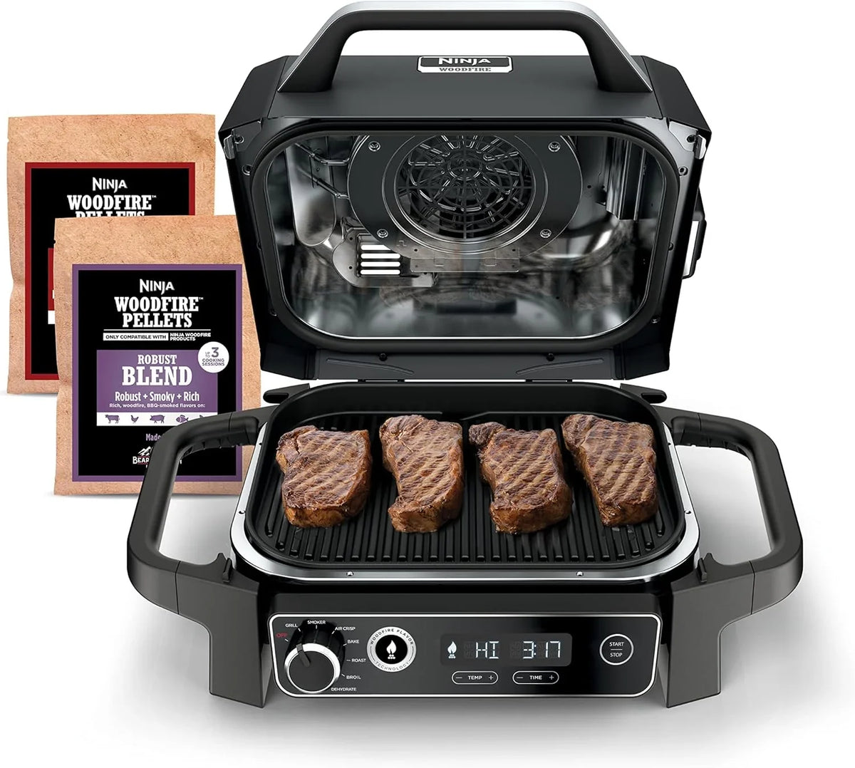 The wood-fire professional outdoor grill is equipped with an internal thermometer. It is a 7-in-one multi-functional grill, a barbecue smoker, an outdoor air fryer, featuring baking, roasting, dehydrating and grilling functions. It adopts the wood-fi