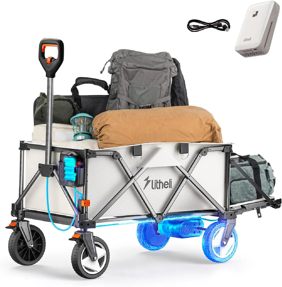 Utility truck, with a capacity of 200 liters and a load capacity of 300 pounds, featuring a foldable heavy-duty design, equipped with all-terrain wheels, featuring variable speed drive and battery power functions, suitable for camping, beaches, garde