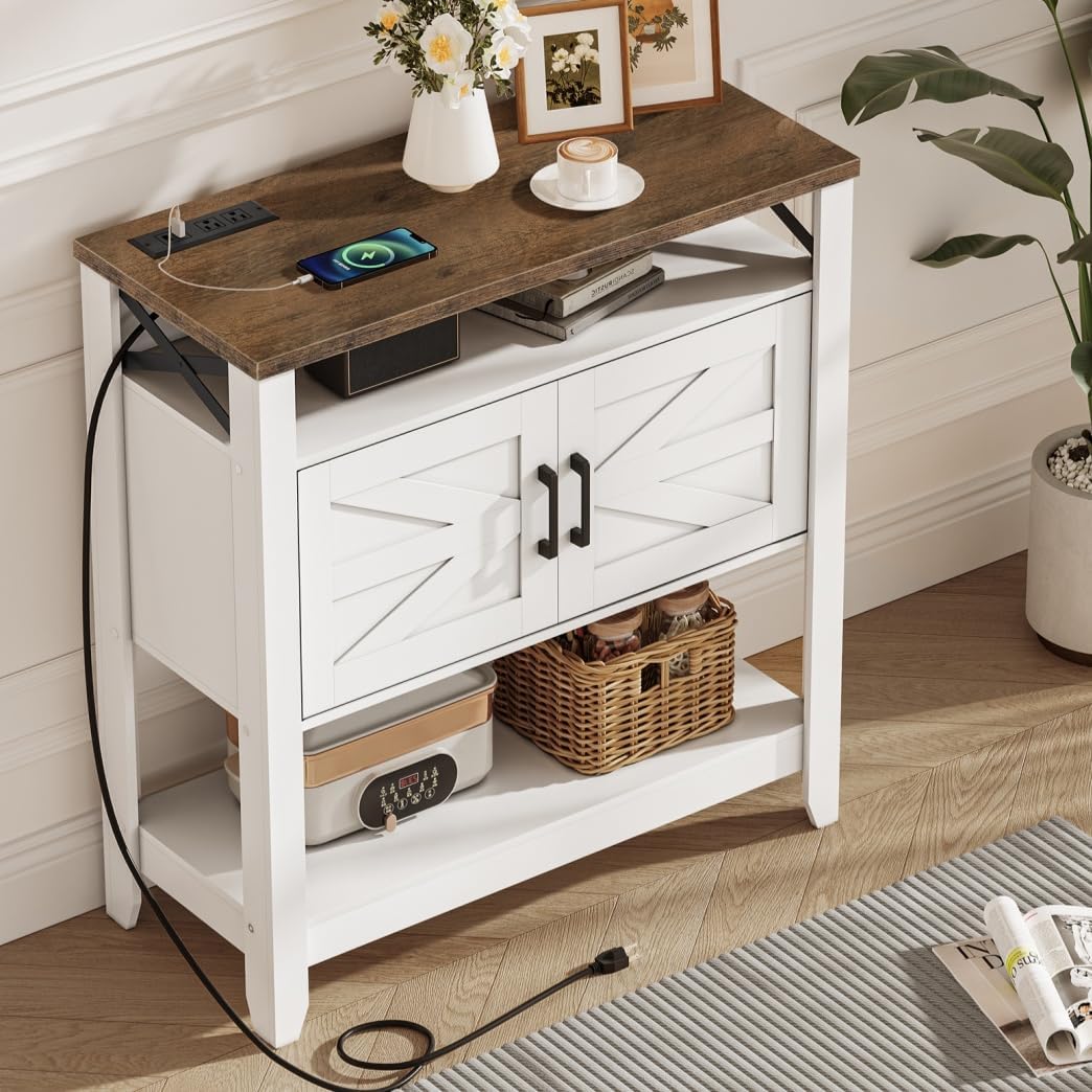 Farmhouse Sofa Table with Power Outlet-4-Tier Bookcase, 42.9" Floor Standing Organizer Shelf