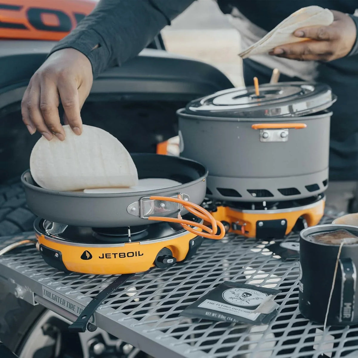 Backpack camping cooking equipment system and camping cooking set, orange color