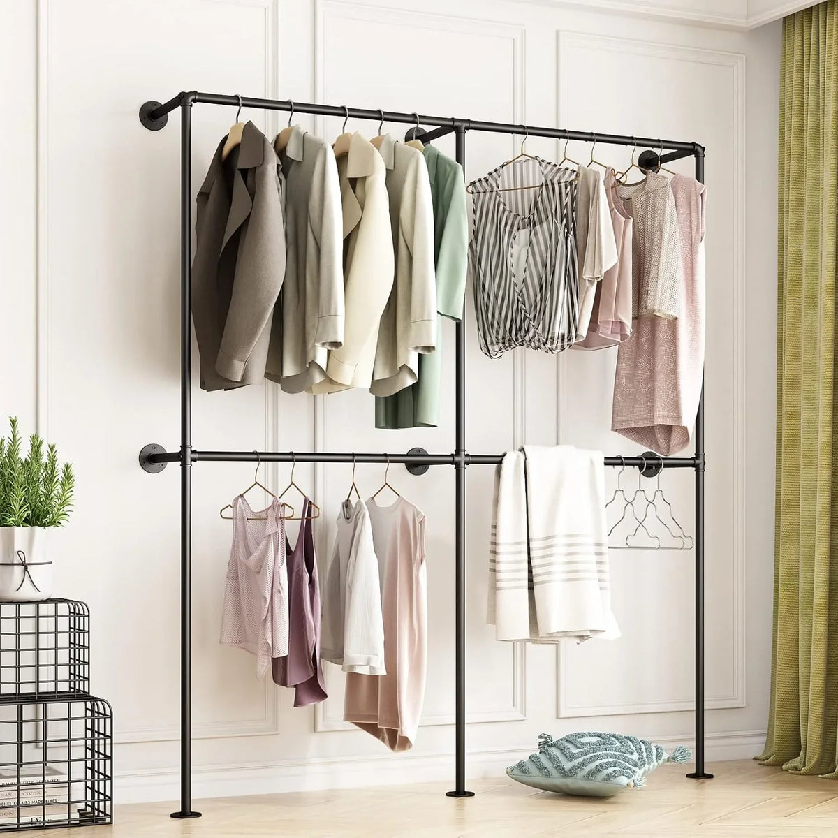 Industrial-style wall-mounted pipe clothes hanger, wall-mounted clothes hanger with double hanging rods, for closet storage (gold)