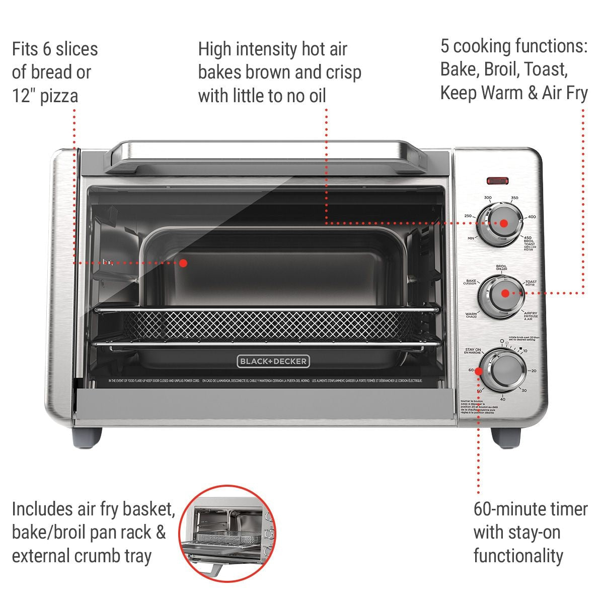 Crisp 'N bake 6-Slice Air Fryer Toaster Oven, Stainless Steel, 5 Cooking Functions