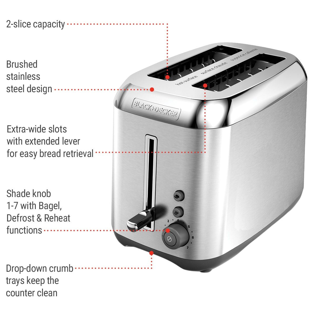 Kitchen Tools Extra Wide Slots Toaster with 7 Settings, Stainless Steel, 2-Slices
