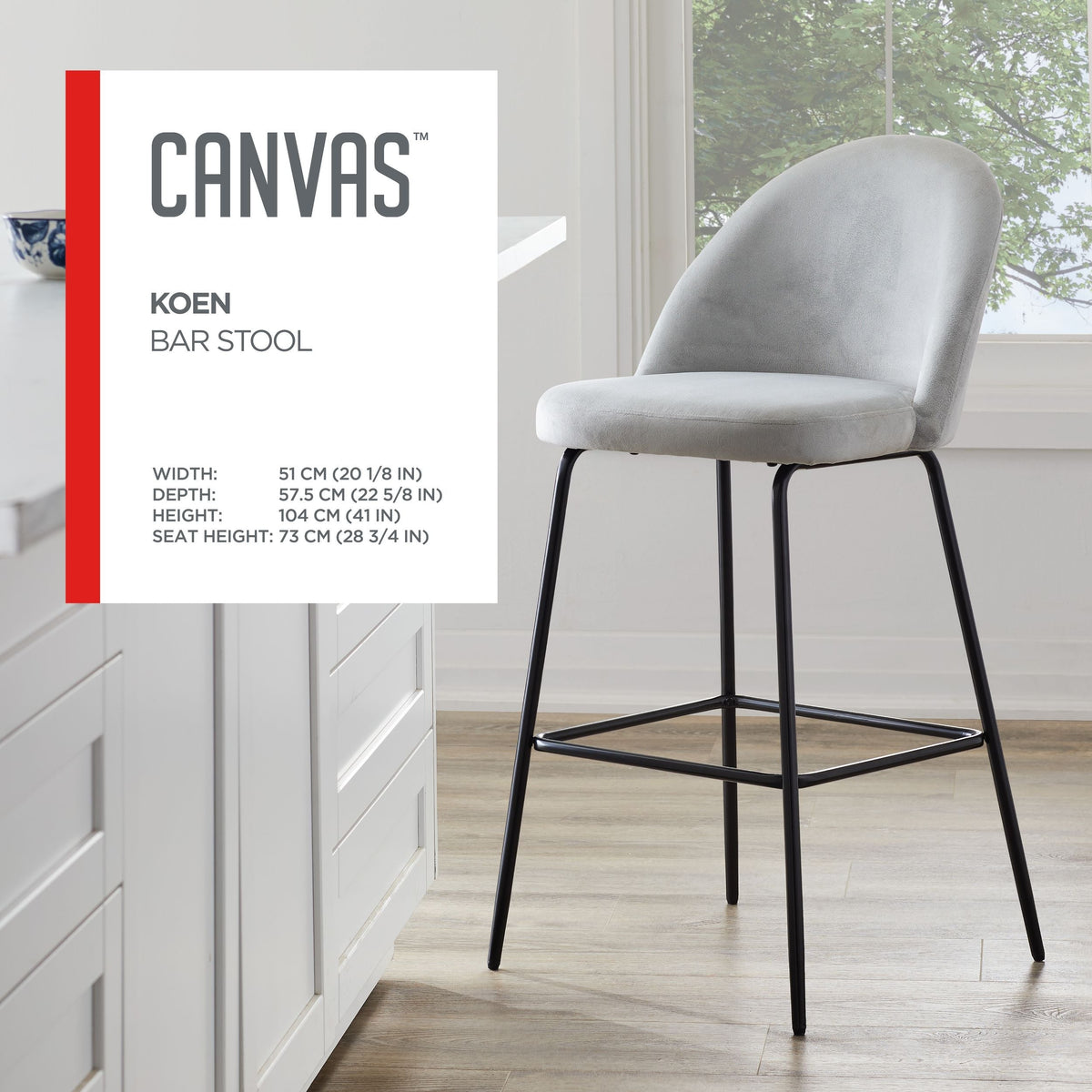 Canvas Koen Bar Elegant Counter Stool with Footrest, Grey