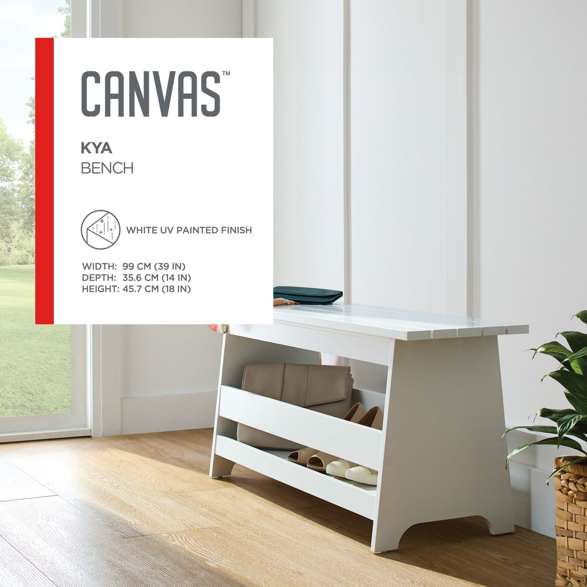 Canvas Kya Wooden Entryway Bench with Storage Rack, White