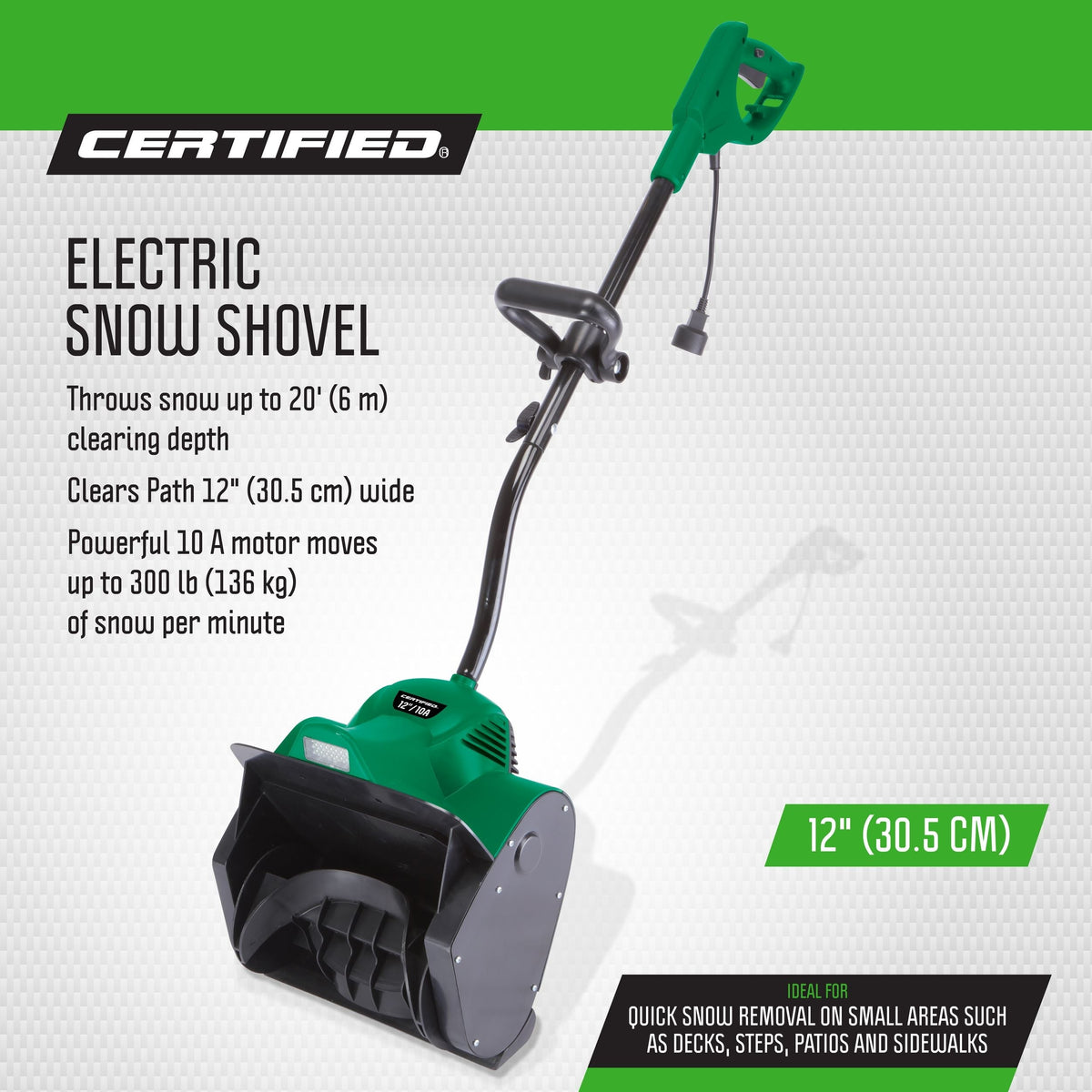 Certified 10-Amp Corded Electric Snow Shovel, 12-in
