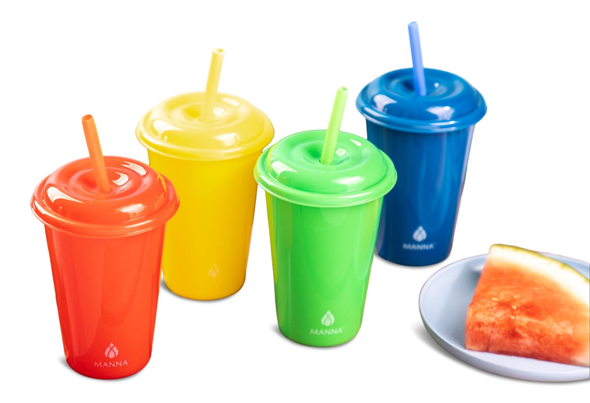 Plastic Kids Cups with Straws & Lids, 4-pc, Assorted Colours