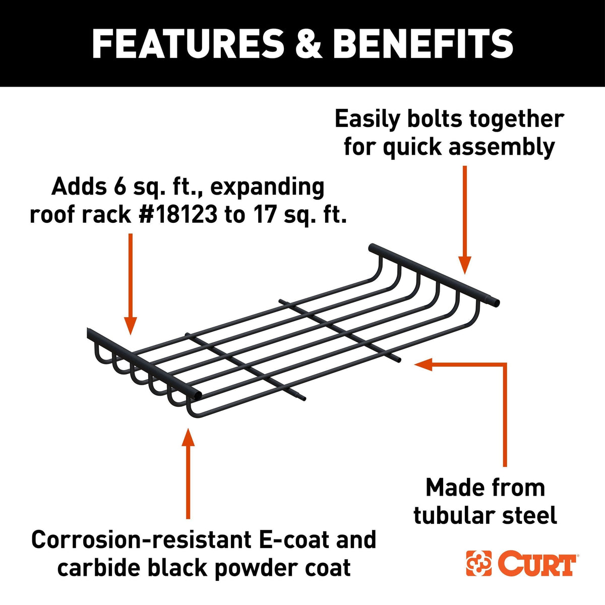 18124 Steel Roof Rack Cargo Basket/Carrier Extension, Black, 6-sq.ft