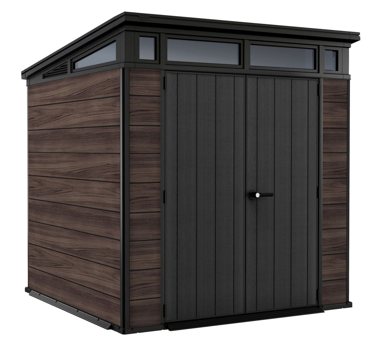 Pent Durable DecoCoat Lockable 2-Door Resin Outdoor Storage Shed with Windows, Brown, 7-ft x 7-ft