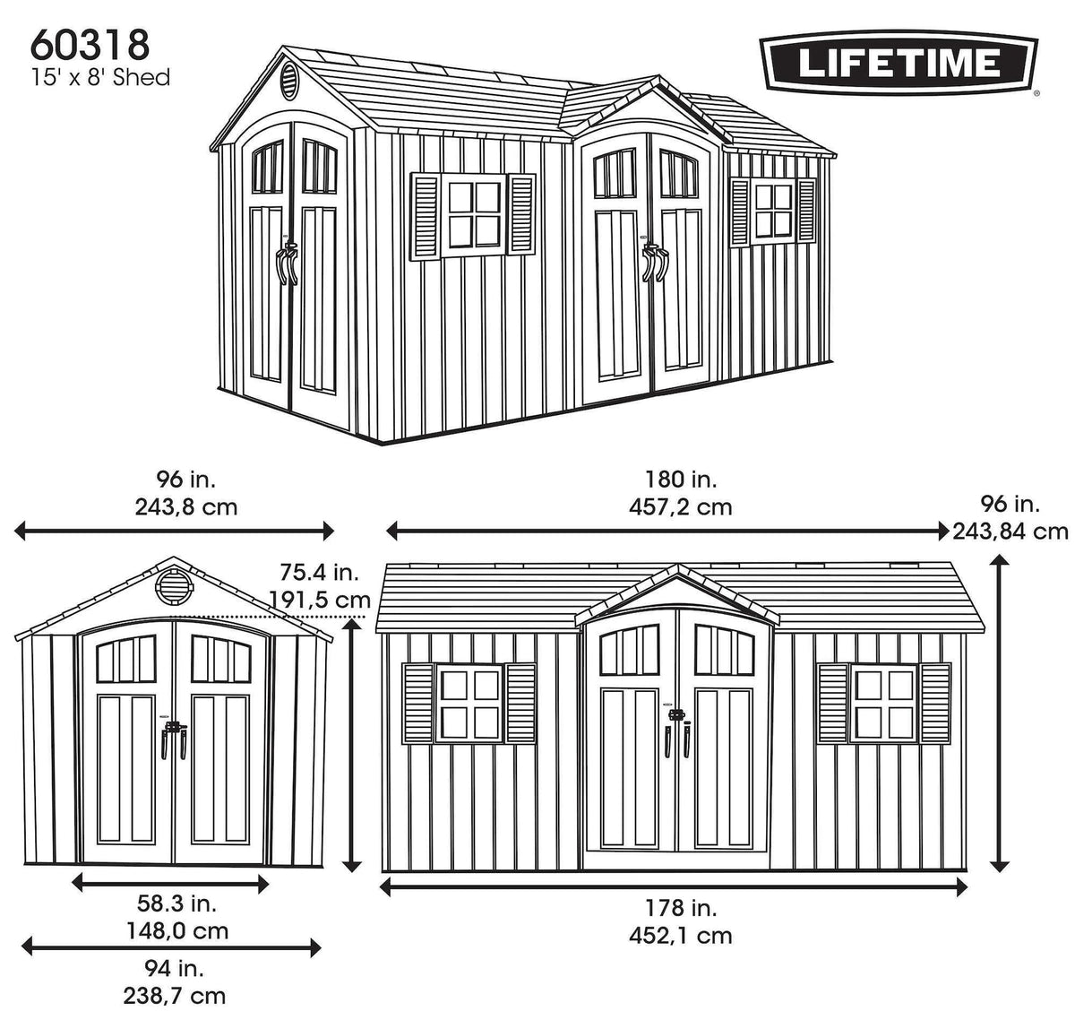 Lifetime Outdoor Storage Shed with Dual Side Entry, Dark Grey Roughcut, 15 x 8-ft
