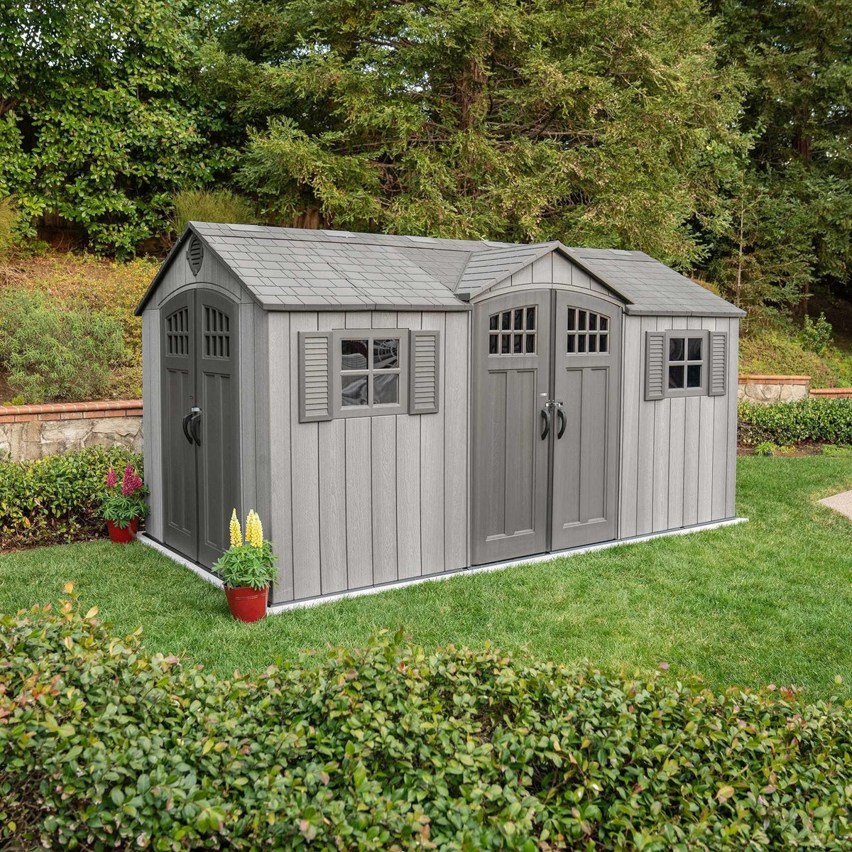 Lifetime Outdoor Storage Shed with Dual Side Entry, Dark Grey Roughcut, 15 x 8-ft