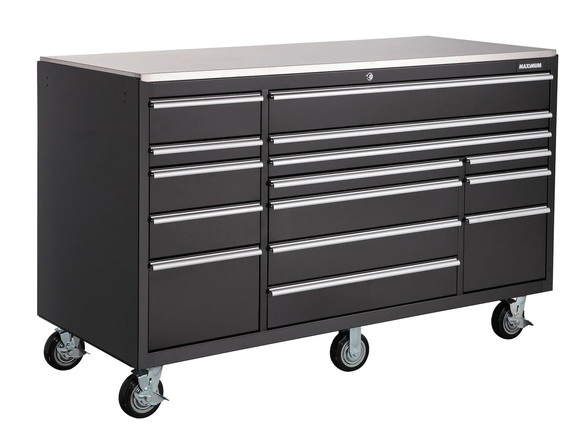 MAXIMUM Rolling Tools Storage Cabinet with 15 Drawers, Black, 72-in x 30-in