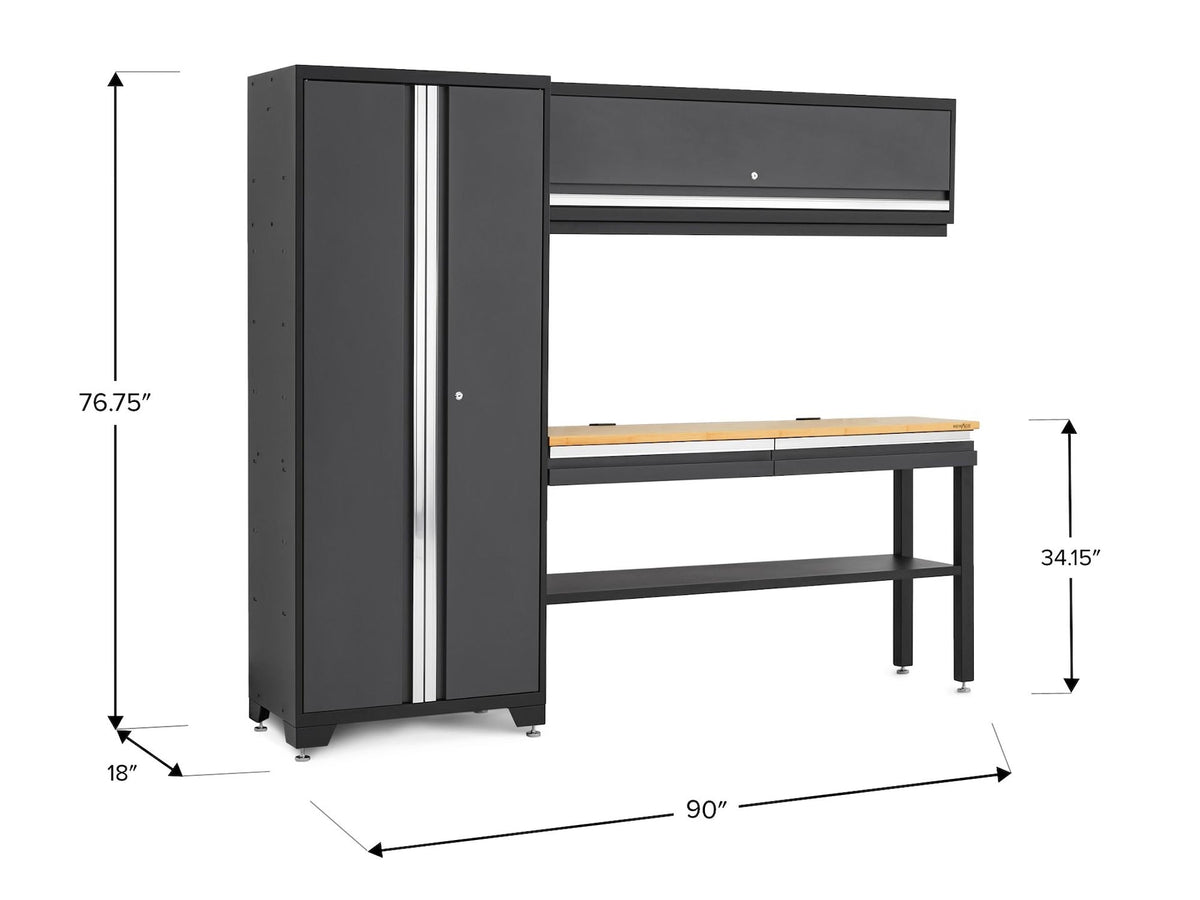 Bold 3.0 Series All-in-One Lockable Steel Garage Cabinetry Set with Bamboo Top, Grey, 90-in x 18-in x 72-in, 4-pc