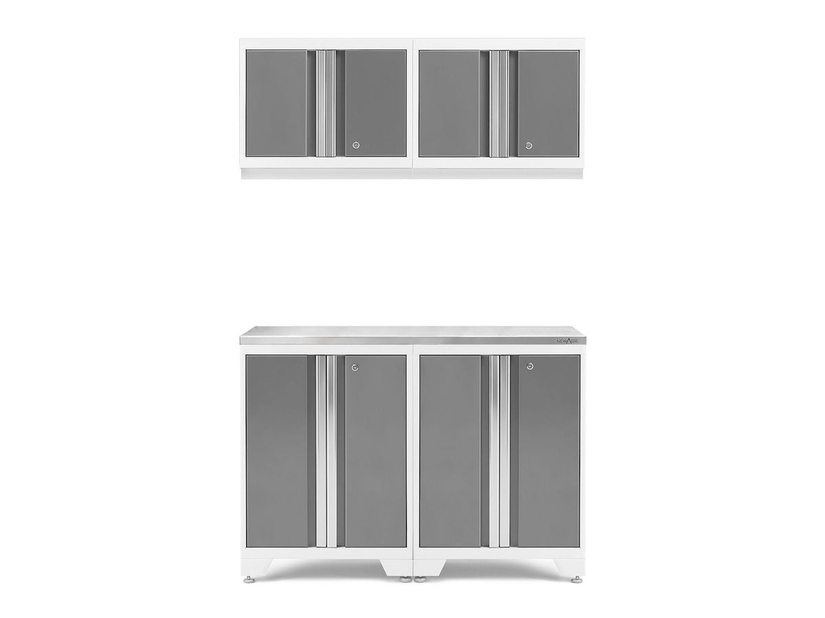 Bold 3.0 Series All-in-One Lockable Steel Garage Cabinetry Set with Stainless Steel Top, White/Platinum, 48-in x 18-in x 76.75-in, 5-pc