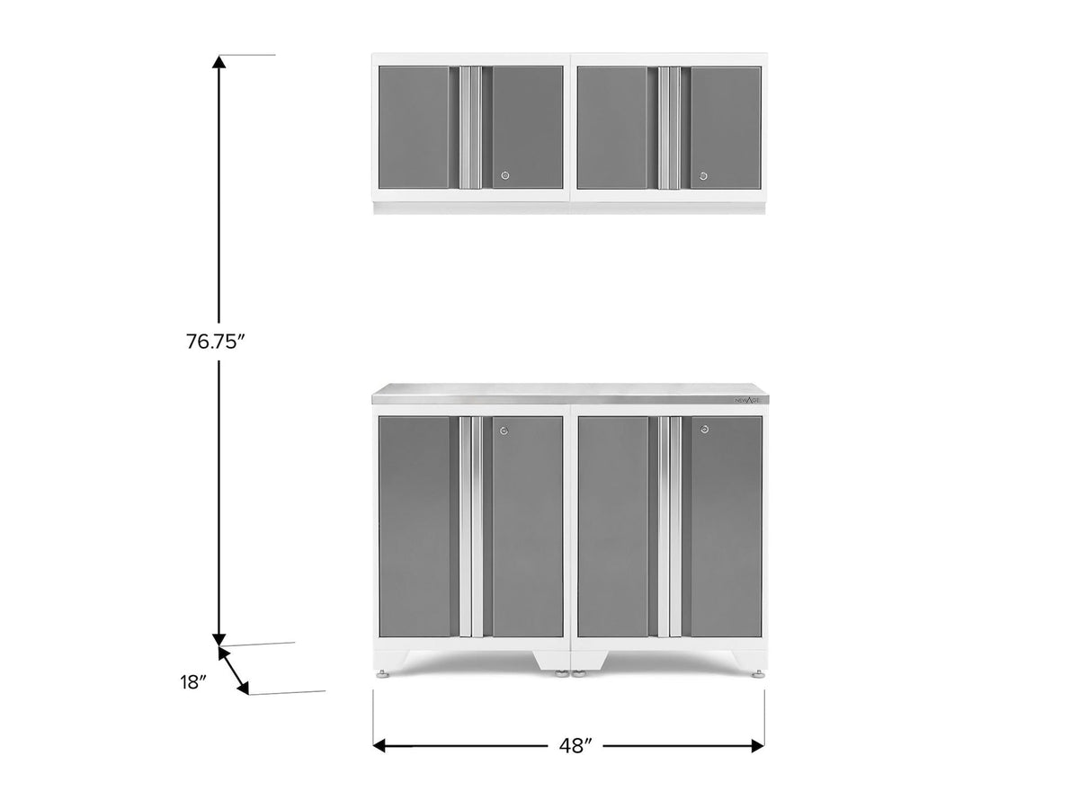 Bold 3.0 Series All-in-One Lockable Steel Garage Cabinetry Set with Stainless Steel Top, White/Platinum, 48-in x 18-in x 76.75-in, 5-pc