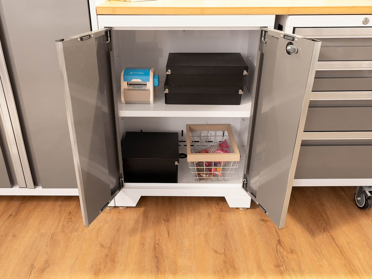 Bold 3.0 Series All-in-One Lockable Steel Garage Cabinetry Set with Stainless Steel Top, White/Platinum, 48-in x 18-in x 76.75-in, 5-pc