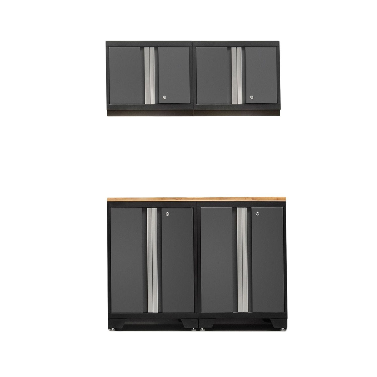 Bold Series Lockable 24-Gauge Steel Garage Cabinetry Set with Bamboo Top, Black/Grey, 48-in x 18-in x 76.75-in, 5-pc