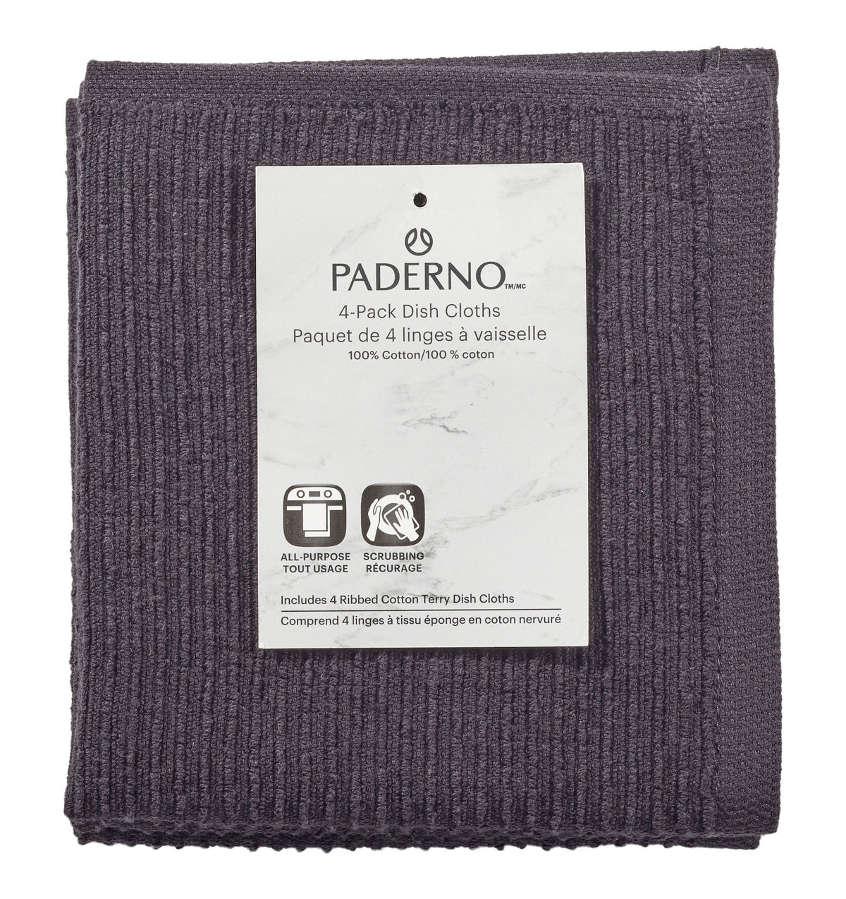 All-Purpose Ribbed Cotton Terry Square Dish Cloths, Black, 4-pk