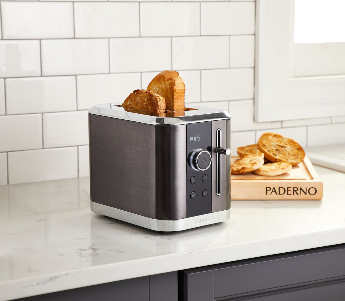 Even Heat Wide Slots Toaster with 9 Settings, Black Stainless Steel, 2-Slices