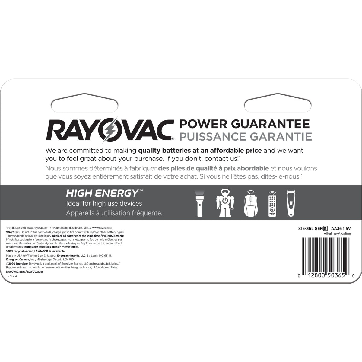 HIGH ENERGY AA Alkaline Batteries, Long Lasting, All Purpose, 36-Pk