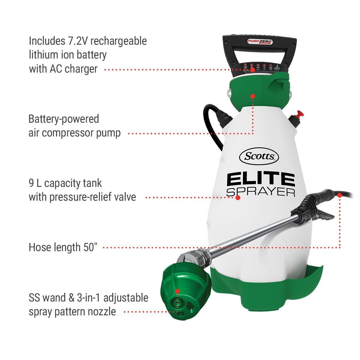 Elite 7V Lithium-Ion Battery Powered Garden Pump Sprayer, 9.09-L