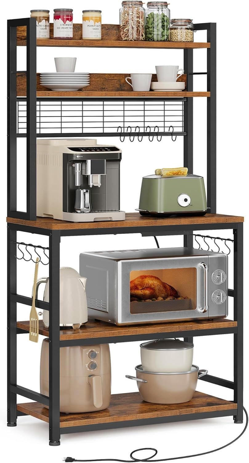 Home Rustic Brown Baker's Rack with Charging Station