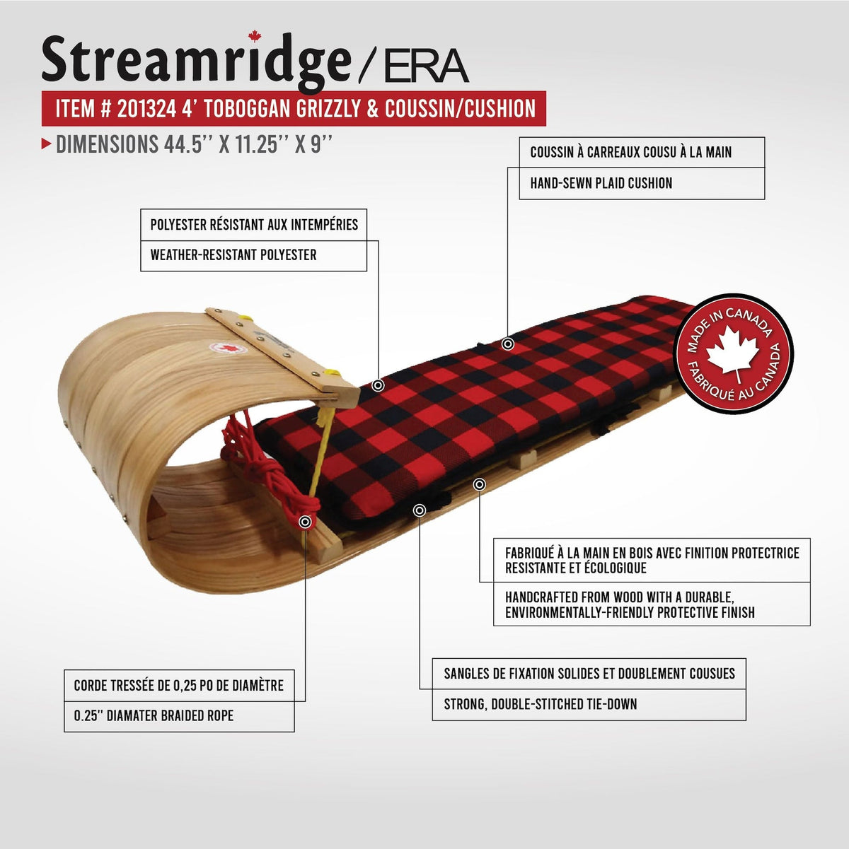 Grizzly Kids' Traditional Vintage Wooden Winter Toboggan Sled & Seat Pad, 4-ft