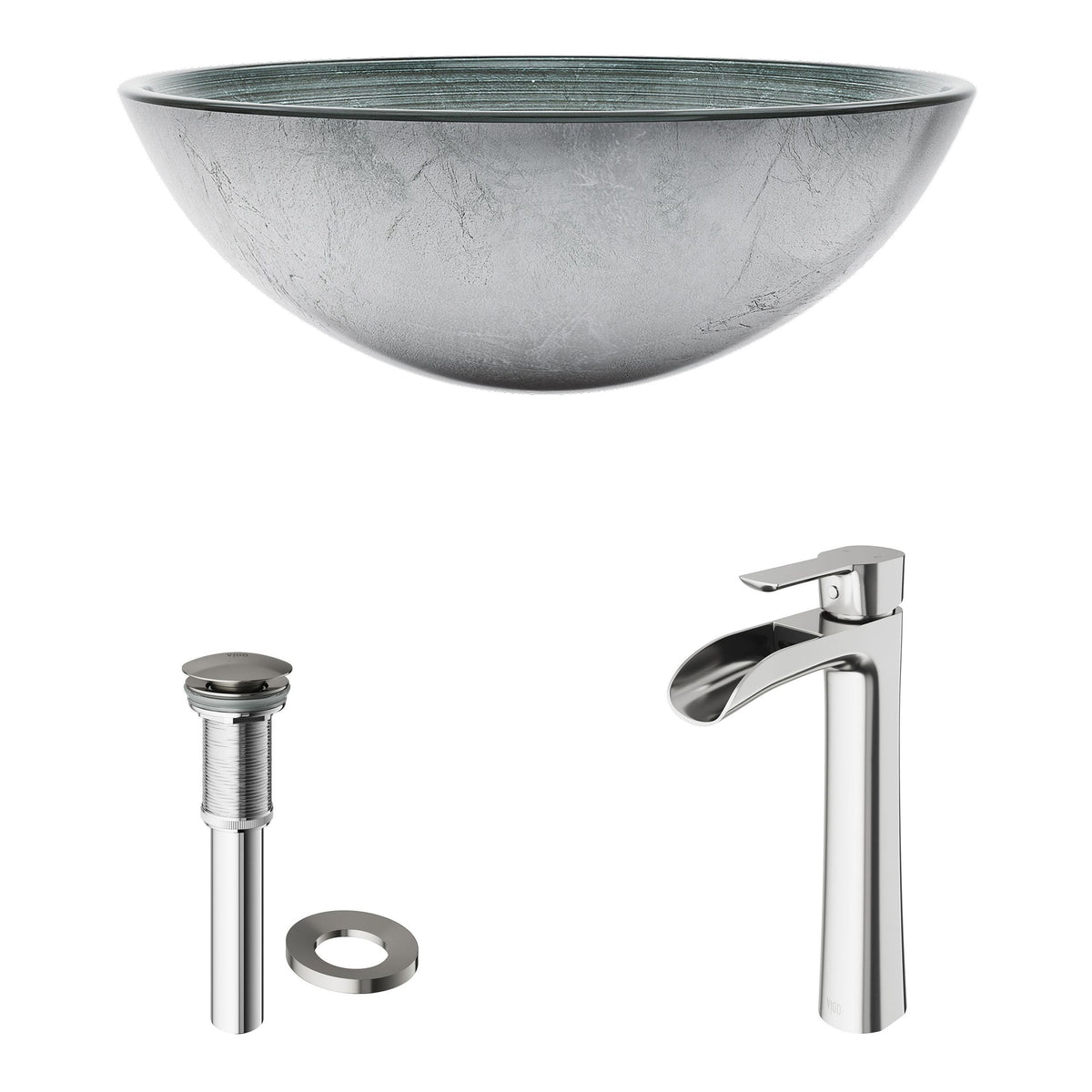 Glass Simply Silver Bathroom Sink/Basin Set with Niko Faucet and Round Vessel