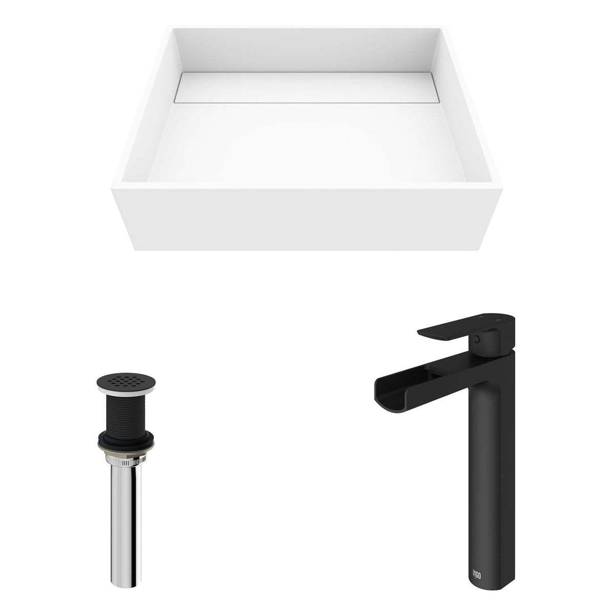 Montauk White Bathroom Sink/Basin Set with Amada Faucet and Rectangular Composite Vessel