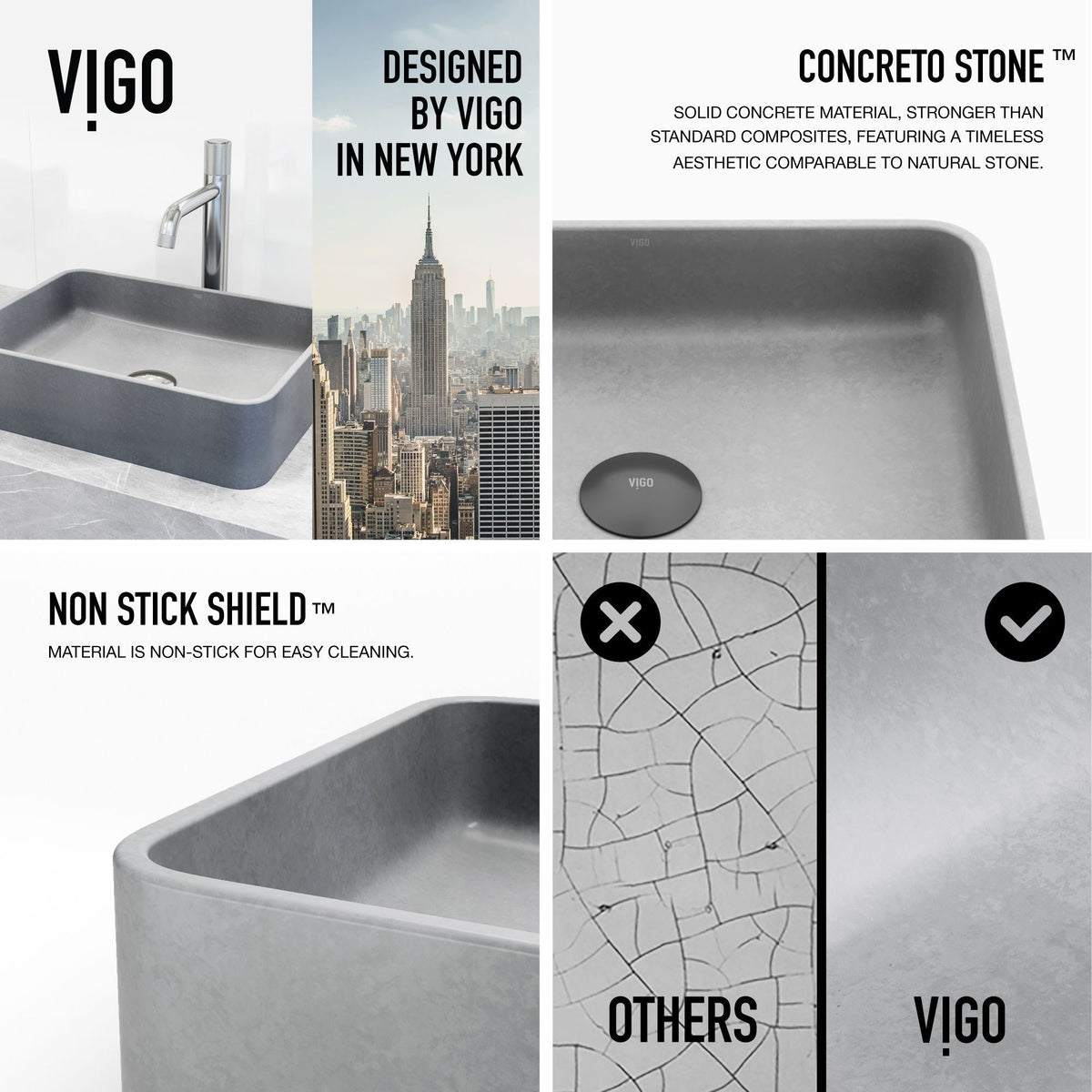Segovia Gothic Grey Bathroom Sink/Basin Set with Apollo Faucet and Rectangular Vessel