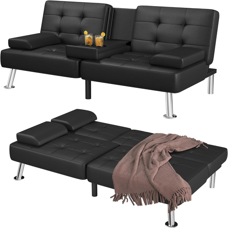 Futon Sofa Bed Convertible Folding Futon Set Modern Recliner Lounge for Small Room & Living Room with 2 Cup Holders, Removable Armrests (Artificial Leather, Black) J7912