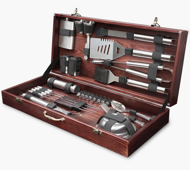 Outdoor Grill Accessories for Barbeque - Outdoor Grill Accessories for Barbeque - Premium Grill Tool Sets - Dark Wood Case Grilling Set - Griddle Accessories Kit - BBQ Gear P284