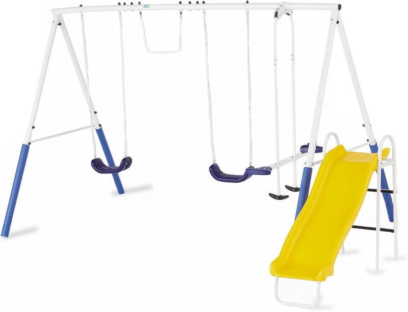 Recreation Blue Ridge Backyard Playground Set Sturdy Metal A Frame Swing with Chain Covers, Glider, Trapeze, 2 Swings, and Slide, Multicolor R9168