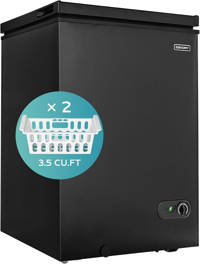 3.5 Cu.Ft Chest Freezer with Removable Basket, Small Deep Freezer Adjustable 7 Thermostat, Quiet Mini Freezer Free-Standing Top Door, Energy Saving for Apartment/Garage/Basement/Dorm/Home,Black O734