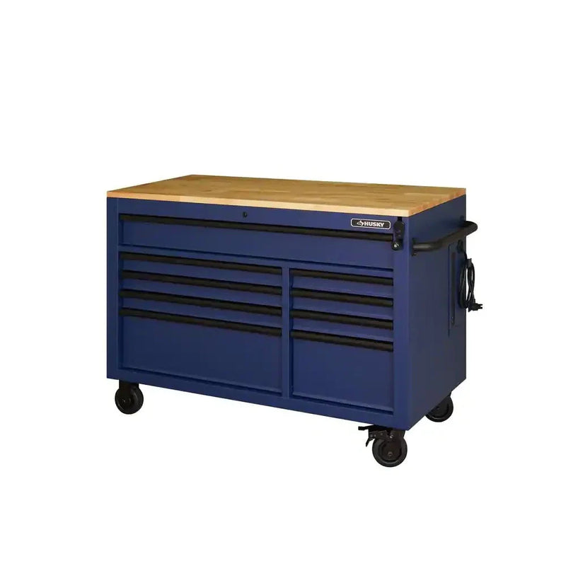 Heavy-Duty 52 in. 9-Drawer Mobile Workbench with Adjustable-Height Solid Wood Top in Matte Blue E2232