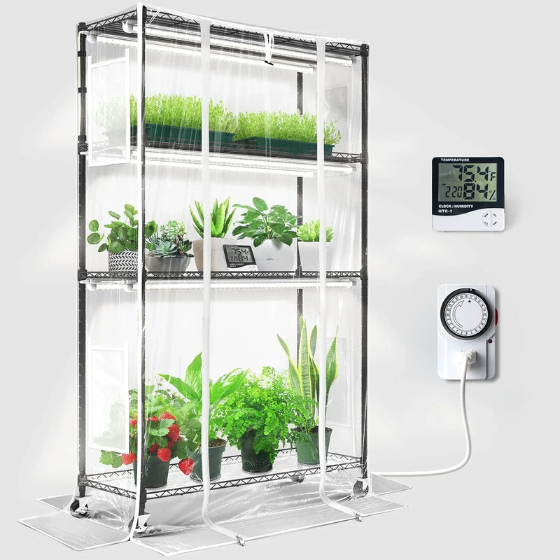 Barrina Mini Greenhouse with LED Grow Light for Indoor Plant, 4-Tier Portable Metal Plant Stand with Wheels, Plant Shelf with Tent, 6Pcs Plant Light with Timer and Thermo-Hygrometer, 35.4x13.8x59IN L2675