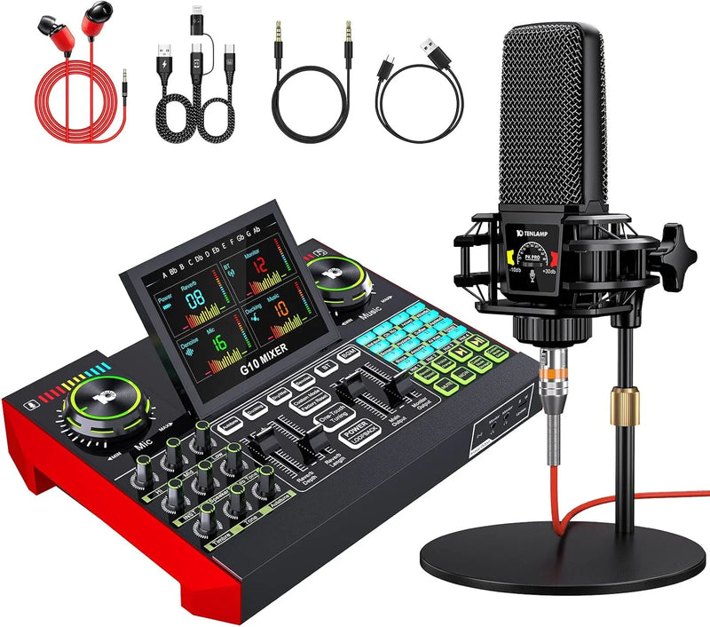 Podcast Equipment Bundle,with 3.5mm Condenser Microphone & Live Sound Card - Audio Mixer for Streaming, PC/Mobile Live Singing, Gaming Content Creators, Soundboard with USB Computer Interface M1909