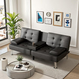 Futon Sofa Bed Convertible Folding Futon Set Modern Recliner Lounge for Small Room & Living Room with 2 Cup Holders, Removable Armrests (Artificial Leather, Black)