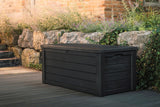 Outdoor storage deck box, 150-gallon resin deck storage box and bench, with wood-grain design, in brown color scheme