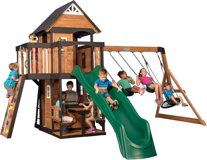 Gorge Creek Pure Pine Swing Set, Playhouse with Barbecue Grill, Plastic Utensils, Picnic Area, Steering Wheel, Double-Padded Swing, Rock Climbing Wall, Balcony, Terrace, Mesh Swing (Green Slide) M3250