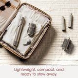Powerful hair dryer and multi-functional styling tool, featuring automatic hair curler, paddle brush, oval brush, concentrator accessory and stones.