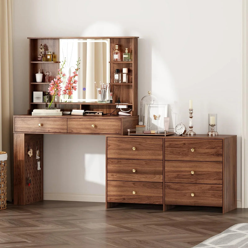 Makeup Vanity Desk with Mirror and Lights, Vanity Desk with 8 Drawers & Storage Shelves, Vanity Table with Power Outlet, 3 Color Modes & Adjustable Brightness Dressing Table, Bedroom,White2 C1335