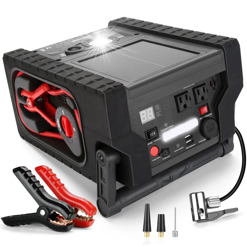 ZD-529 Solar Portable Power Station 2000 Amps Jump Starter, 260 PSI Air Compressor, 12V Car Battery Charger with 400W Inverter Dual AC/DC/USB Output, Emergency Backup Power with Flashlights Q7503