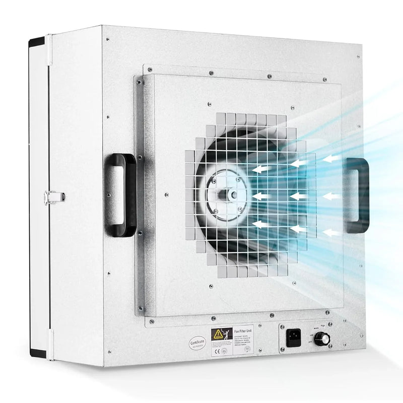 Laminar Flow Hood, H-14 HEPA Filter with Safety Locks, Class 100/ ISO Class 5 Cleanliness, Fan Filter Unit 22.6x22.6in Flow Hood Mycology/Clean Room/Laboratory 110V D8920