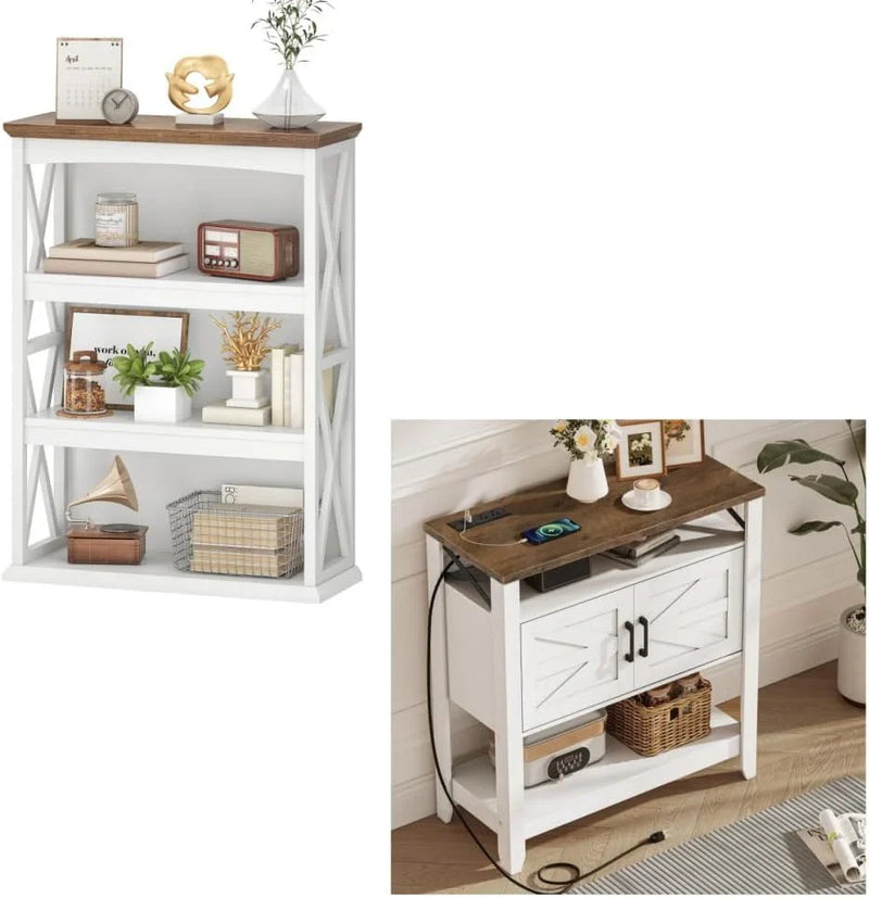 Farmhouse Sofa Table with Power Outlet-4-Tier Bookcase, 42.9" Floor Standing Organizer Shelf K3745